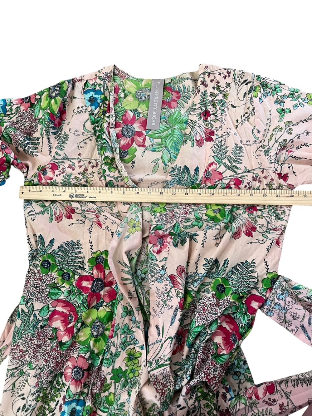 😎 Plum Pretty Sugar Botanical Floral Cotton Wrap Robe Pink Green Size Medium - Picture 5 of 13